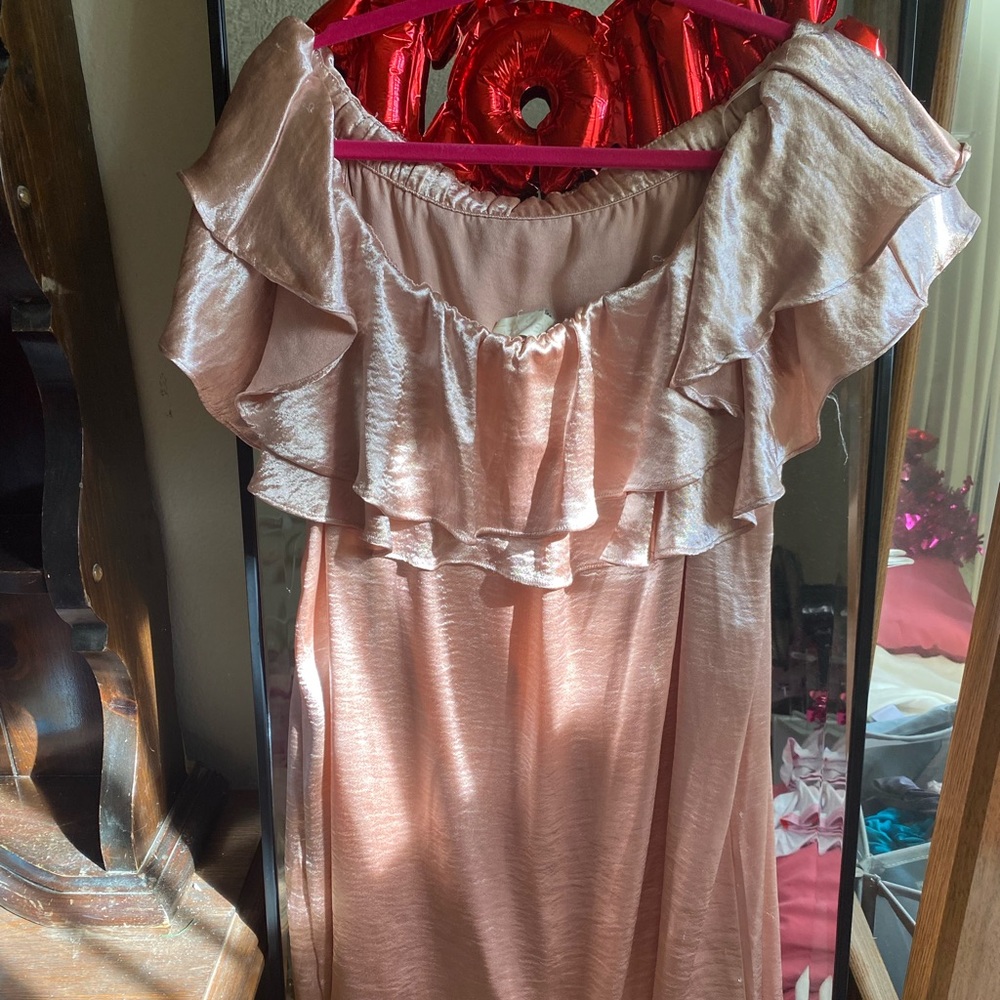 Forever 21 Rose Gold Silk Off The Shoulder Mini Dress